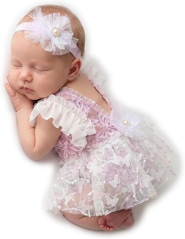 Zeroest Newborn Photography Outfits Girl, Baby Girl Photoshoot Props, Newborn Lace Romper with Headband Set for Photo Shoot in Saudi Arabia