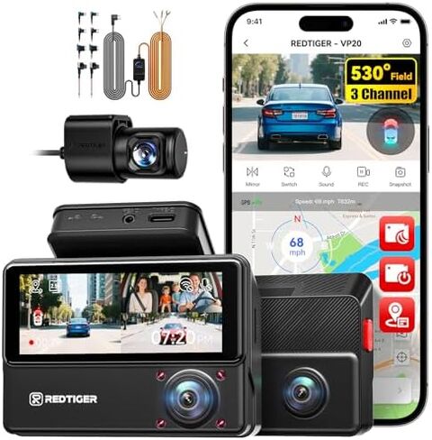 REDTIGER VP20 + Hardwire Kit, 530° Dash Cam 3 Channel, 2.5K+2.5K+1080P Triple Car Camera with IR Night Vision, Touch Screen, Dashcam for Front Inside Rear Included WiFi GPS, 24H Parking in Kuwait