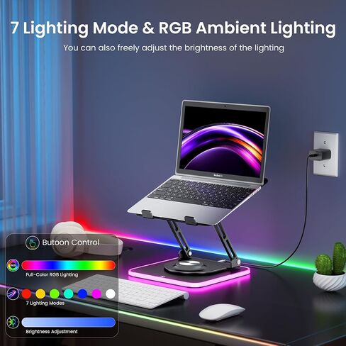 حامل كمبيوتر محمول قابل للتعديل من JOYEKY مع إضاءة RGB، حامل كمبيوتر مريح من الألومنيوم مع قاعدة دوارة 360 درجة، حامل كمبيوتر محمول قابل للطي والمحمول، مناسب لجميع أجهزة الكمبيوتر المحمولة مقاس 10-16 بوصة in Kuwait