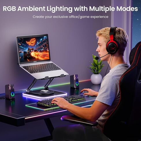 حامل كمبيوتر محمول قابل للتعديل من JOYEKY مع إضاءة RGB، حامل كمبيوتر مريح من الألومنيوم مع قاعدة دوارة 360 درجة، حامل كمبيوتر محمول قابل للطي والمحمول، مناسب لجميع أجهزة الكمبيوتر المحمولة مقاس 10-16 بوصة in Kuwait