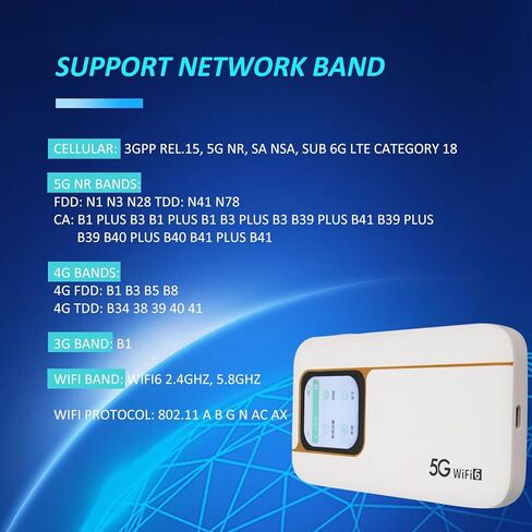 نقطة اتصال متنقلة 5G، جهاز توجيه محمول WiFi 6 2.4 جيجا هرتز 5.8 جيجا هرتز مع فتحة بطاقة Sim، 16 جهازًا متصلاً، IP67، 7100 مللي أمبير، شاشة تعمل باللمس، نقطة اتصال جيب للسفر in Kuwait