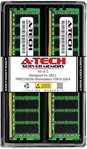 ذاكرة وصول عشوائي A-Tech سعة 32 جيجابايت (2X 16 جيجابايت) لمحطة عمل DELL Precision Workstation T5810 Ddr4 | مجموعة ترقية ذاكرة الخادم المسجل DDR4 2133MHz ECC-RDIMM PC4-17000 2Rx4 1.2V 288-Pin ECC in Kuwait