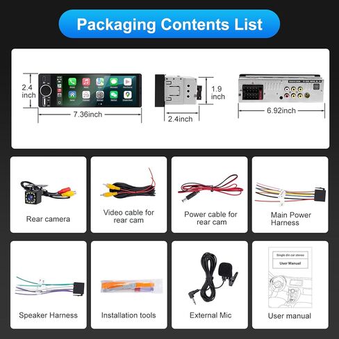 Single Din Car Stereo with Apple CarPlay & Android Auto, HD Touch CarPlay Screen, Backup Cam,Bluetooth, USB Type-C, SWC, EQ, FM Radio (with External Mic) (6.36 inch) in Kuwait