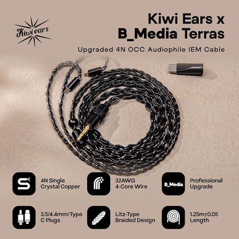 Linsoul Kiwi Ears x B_Media Terras IEM Cable, with Type-C USB C/3.5mm/4.4mm Plug,4N Single Crystal Copper 32AWG 4-Core in Ear Monitor Cord, 1.25m HiFi Upgrade Wire for Astral Orchestra II Arete Hype4 in Kuwait
