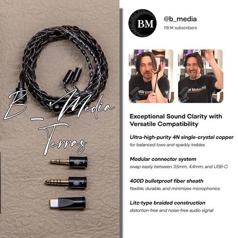 Linsoul Kiwi Ears x B_Media Terras IEM Cable, with Type-C USB C/3.5mm/4.4mm Plug,4N Single Crystal Copper 32AWG 4-Core in Ear Monitor Cord, 1.25m HiFi Upgrade Wire for Astral Orchestra II Arete Hype4 in Kuwait