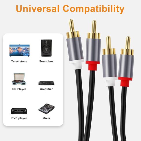 HOWAWU 2 RCA Cables 4.9FT (1.5m), Gold-Plated RCA Male to Male Stereo Audio Cable for Home Theater, HDTV, Gaming Consoles, Hi-Fi Systems, Amplifiers, Speakers, CD Player in Kuwait