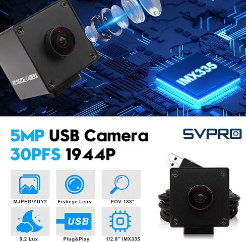 وحدة كاميرا USB SVPRO 5MP 30FPS للتركيز التلقائي، زاوية واسعة 138 درجة، مستشعر IMX335، كاميرا ويب أمان منخفضة الإضاءة لرؤية الآلة الصناعية، توصيل وتشغيل UVC لنظام التشغيل Windows، macOS، Linux، Android in Kuwait
