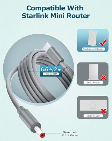 Starlink Mini Router Cable USB C Power Cord for Starlink Router Mini Accessories USB Type C to DC 3.5 * 1.35mm Ethernet كابل الطاقة التوصيل والتشغيل مناسب مع بنك الطاقة 9V وشاحن PD 20AWG 3.3FT in Kuwait