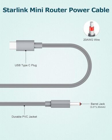 Starlink Mini Router Cable USB C Power Cord for Starlink Router Mini Accessories USB Type C to DC 3.5 * 1.35mm Ethernet كابل الطاقة التوصيل والتشغيل مناسب مع بنك الطاقة 9V وشاحن PD 20AWG 3.3FT in Kuwait