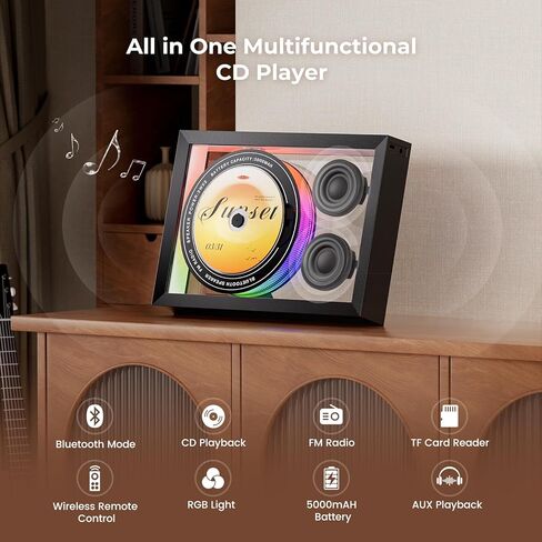 مشغل أقراص مضغوطة عمودي مع بلوتوث 5.3، ومكبرات صوت HiFi ومشغل أقراص مضغوطة للجدار المنزلي مع راديو FM / جهاز التحكم عن بعد / ضوء RGB / بطاقة TF / دعم AUX، مشغل موسيقى قابل لإعادة الشحن ببطارية 5000 مللي أمبير في الساعة in Kuwait
