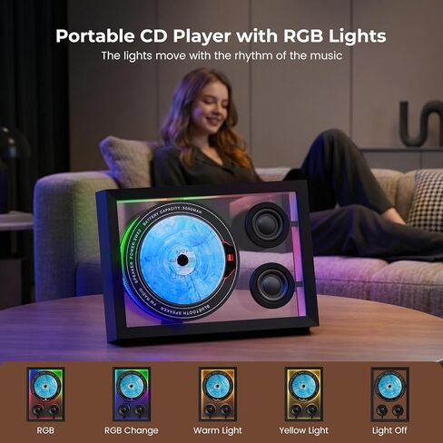مشغل أقراص مضغوطة عمودي مع بلوتوث 5.3، ومكبرات صوت HiFi ومشغل أقراص مضغوطة للجدار المنزلي مع راديو FM / جهاز التحكم عن بعد / ضوء RGB / بطاقة TF / دعم AUX، مشغل موسيقى قابل لإعادة الشحن ببطارية 5000 مللي أمبير في الساعة in Kuwait