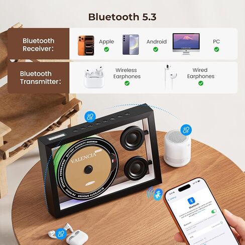 مشغل أقراص مضغوطة عمودي مع بلوتوث 5.3، ومكبرات صوت HiFi ومشغل أقراص مضغوطة للجدار المنزلي مع راديو FM / جهاز التحكم عن بعد / ضوء RGB / بطاقة TF / دعم AUX، مشغل موسيقى قابل لإعادة الشحن ببطارية 5000 مللي أمبير في الساعة in Kuwait
