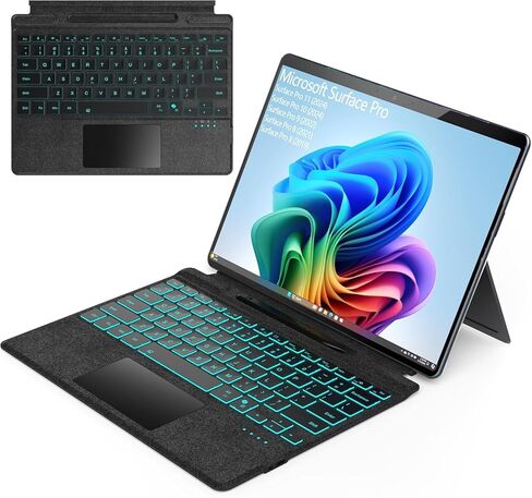 للوحة المفاتيح Microsoft Surface Pro 11/10/9/8/X، غطاء رفيع للغاية قابل للفصل مقاس 13 بوصة مع إضاءة خلفية بـ 7 ألوان، ولوحة لمس متعددة اللمس وحامل قلم in Kuwait