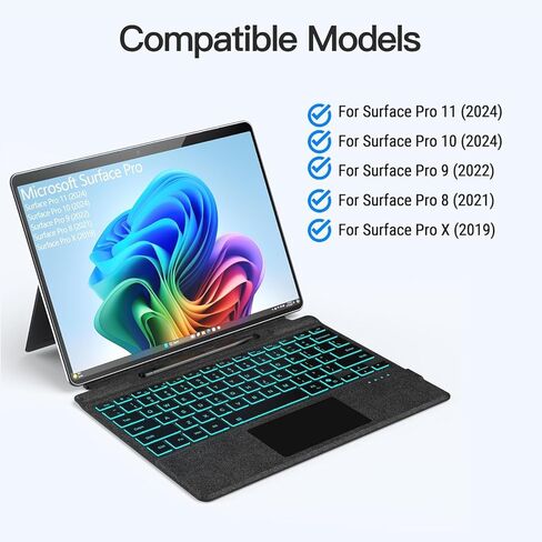 للوحة المفاتيح Microsoft Surface Pro 11/10/9/8/X، غطاء رفيع للغاية قابل للفصل مقاس 13 بوصة مع إضاءة خلفية بـ 7 ألوان، ولوحة لمس متعددة اللمس وحامل قلم in Kuwait