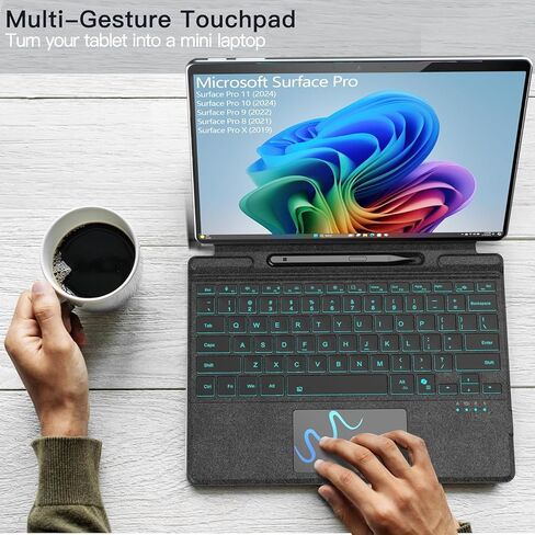للوحة المفاتيح Microsoft Surface Pro 11/10/9/8/X، غطاء رفيع للغاية قابل للفصل مقاس 13 بوصة مع إضاءة خلفية بـ 7 ألوان، ولوحة لمس متعددة اللمس وحامل قلم in Kuwait