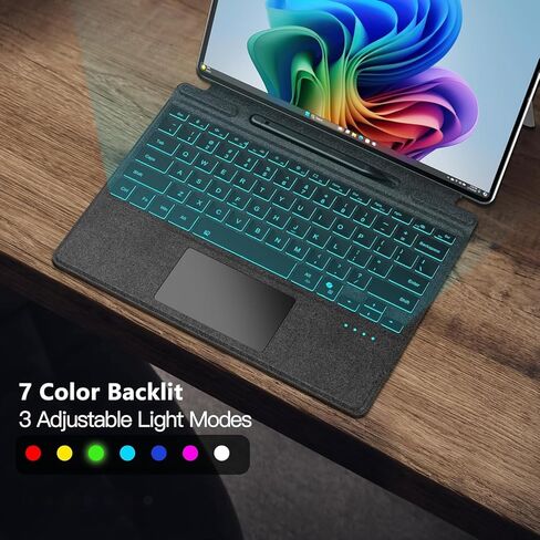 للوحة المفاتيح Microsoft Surface Pro 11/10/9/8/X، غطاء رفيع للغاية قابل للفصل مقاس 13 بوصة مع إضاءة خلفية بـ 7 ألوان، ولوحة لمس متعددة اللمس وحامل قلم in Kuwait