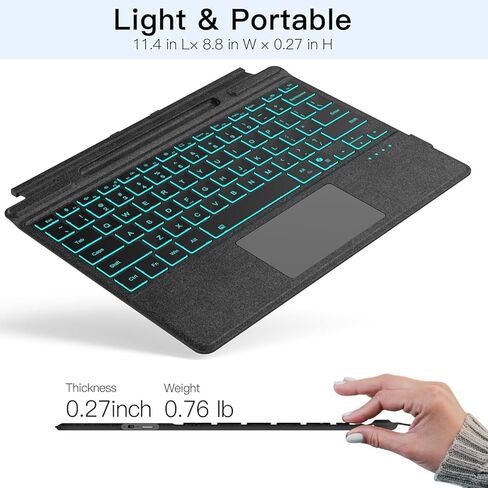 للوحة المفاتيح Microsoft Surface Pro 11/10/9/8/X، غطاء رفيع للغاية قابل للفصل مقاس 13 بوصة مع إضاءة خلفية بـ 7 ألوان، ولوحة لمس متعددة اللمس وحامل قلم in Kuwait