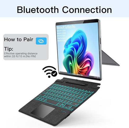 للوحة المفاتيح Microsoft Surface Pro 11/10/9/8/X، غطاء رفيع للغاية قابل للفصل مقاس 13 بوصة مع إضاءة خلفية بـ 7 ألوان، ولوحة لمس متعددة اللمس وحامل قلم in Kuwait