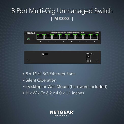 محول إيثرنت متعدد جيجابت NETGEAR MS308 ذو 8 منافذ 2.5 جيجا بايت | . سطح المكتب سلكي | يتضمن أيضًا دعم ضمان Cloud Care لمدة 3 سنوات in Kuwait