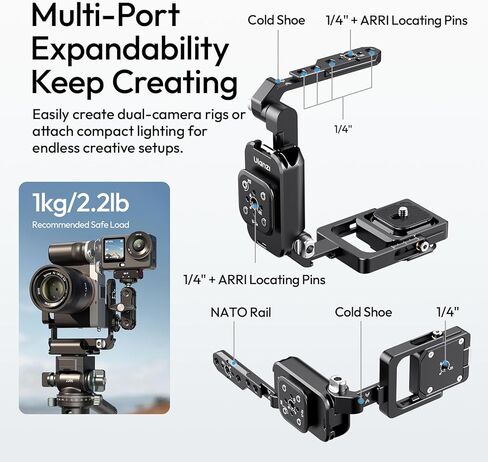 ULANZI XJ01 Uka Universal Foldable Camera Cage, 2-in-1 Portable Top Handle Grip & Quick Release Half Cage with NATO Rail, ARRI Loc, Cold Shoe for Mirrorless Cameras, DSLR, Gimbal, Tripod - Black in Kuwait