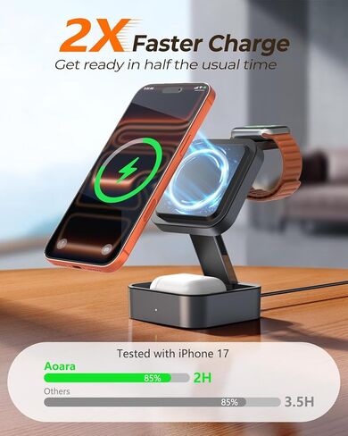 قاعدة شحن لاسلكية 3 في 1 لأجهزة Apple المتعددة، حامل شاحن MagSafe مدمج قابل للطي للسفر مع محول PD بقدرة 20 وات لأجهزة iPhone 17/16/15/14/13 وساعة Apple وAirPods Pro/4 - رمادي فلكي in Kuwait