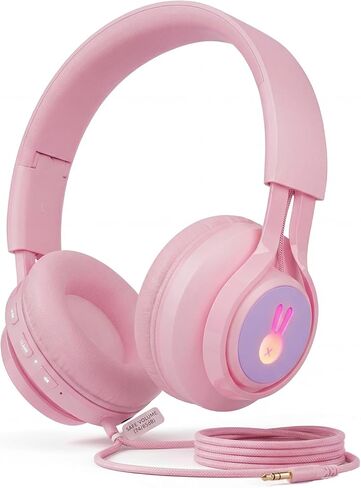 Kids Bluetooth Headphones for School, Girls Wireless Earphones with Mic, Wired/Wireless Dual Mode, 74/85dB Volume Limited Toddler Headphones for Airplane Travel, LED Bunny iPad Learning Gift, Pink in Saudi Arabia