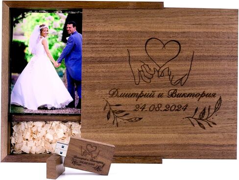 Custom Personalized Wedding USB 3.0 Flash Drive with Exquisite Box(6.73''x6.73''), 32GB Wooden USB for Storing Photo/Video in Photography- Carved Personalized Words or Logo (Rectangle) in Kuwait