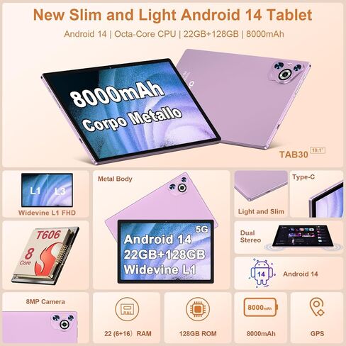 10 Inch Tablet, 22GB RAM+128GB ROM+1TB Expand, Android 14 Tablet with Keyboard and Mouse, 8000mAh Battery, 1280x800 IPS Display, Octa-Core CPU, Support BT5.0, GPS, WiFi - Purple in Kuwait