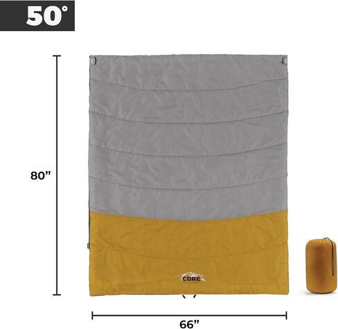 CORE 50 Degree Double Sleeping Bag | Adult 2 Person Queen Size Sleep Sack | Perfect for Indoor or Outdoor Use, Camping, Hiking, & Sleepovers | Ideal for Warm 3 Season Weather in Kuwait