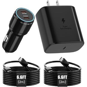 مجموعة شاحن سامسونج فائق السرعة من النوع C، شاحن حائط/سيارة 45 وات PD USB C لهاتف Samsung Galaxy S26/S25/S24/S23/S22/Plus/Ultra/FE/Note 20/10/A71،2020/2018 Pad Pro/Air، مع كابل USB C-to-C (6.6 قدم) in Kuwait