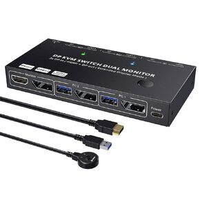 KCEVE KVM Switch 2 Monitors 2 Computers Displayport HDMI, USB 3.0 KVM Switch Dual Monitor 4K@60Hz MST Share 4USB Devices Keyboard Mouse, with Wired Remote(4K DP HDMI 2 in 2 Out KVM) in Kuwait