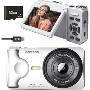 4K Digital Camera 64MP Autofocus 3.0'' 180° Flip Screen Portable for Photo & Vlog Featuring Time Lapse & Slow Motion&20 Filters 32GB 2000mAh for Social Media CreatorBeginner&Childen (White, Camera) in Kuwait