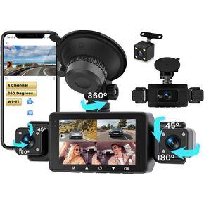 Inefala 4 Channel Dash Cam, 360 Dash Camera FHD 1080Px4 Front and Rear Inside Left Right, Car Camera with 5G WiFi/APP Loop Recording G-Sensor Night Vision Motion Detection Backup Assist in Kuwait
