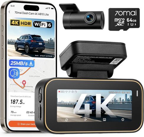 70mai A810 Lite 4K Dash Cam أمامية وخلفية، 5 جيجا هرتز Wi-Fi 6 DashCam، كاميرا السيارة 4G LTE الوصول عن بعد، تتبع نظام تحديد المواقع (GPS)، رؤية ليلية HDR، وضع انتظار السيارات على مدار 24 ساعة، التحكم الصوتي، قفل الطوارئ، تسجيل حلقة in Kuwait