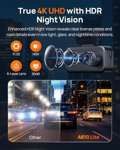 70mai A810 Lite 4K Dash Cam أمامية وخلفية، 5 جيجا هرتز Wi-Fi 6 DashCam، كاميرا السيارة 4G LTE الوصول عن بعد، تتبع نظام تحديد المواقع (GPS)، رؤية ليلية HDR، وضع انتظار السيارات على مدار 24 ساعة، التحكم الصوتي، قفل الطوارئ، تسجيل حلقة in Kuwait
