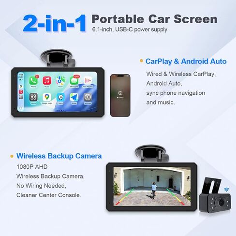 6.1 Inch Portable Car Screen, Wireless & Wired CarPlay Android Auto, 1080P Wireless Backup Camera, 60Hz, 800nit INCELL Display, Universal for Cars SUVs Pickups RVs in Kuwait