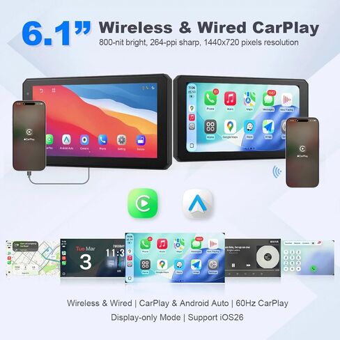 6.1 Inch Portable Car Screen, Wireless & Wired CarPlay Android Auto, 1080P Wireless Backup Camera, 60Hz, 800nit INCELL Display, Universal for Cars SUVs Pickups RVs in Kuwait