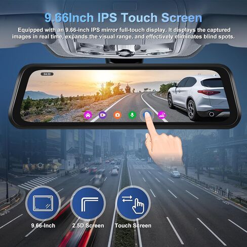 NHOPEEW 4K Dual Lens Rear View Mirror Camera - 9.66 Inch Touchscreen Mirror Dash Cam Front and Rear - APP Control/GPS/Loop Recording/G-Sensor/ADAS/BSD/Parking Monitoring + Backup Camera in Kuwait