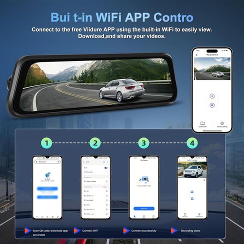 NHOPEEW 4K Dual Lens Rear View Mirror Camera - 9.66 Inch Touchscreen Mirror Dash Cam Front and Rear - APP Control/GPS/Loop Recording/G-Sensor/ADAS/BSD/Parking Monitoring + Backup Camera in Kuwait