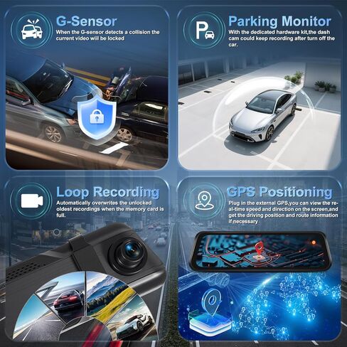 NHOPEEW 4K Dual Lens Rear View Mirror Camera - 9.66 Inch Touchscreen Mirror Dash Cam Front and Rear - APP Control/GPS/Loop Recording/G-Sensor/ADAS/BSD/Parking Monitoring + Backup Camera in Kuwait