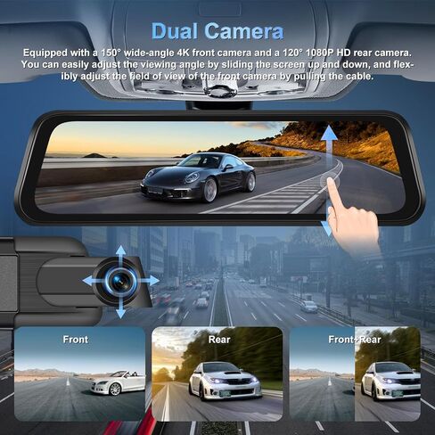 NHOPEEW 4K Dual Lens Rear View Mirror Camera - 9.66 Inch Touchscreen Mirror Dash Cam Front and Rear - APP Control/GPS/Loop Recording/G-Sensor/ADAS/BSD/Parking Monitoring + Backup Camera in Kuwait