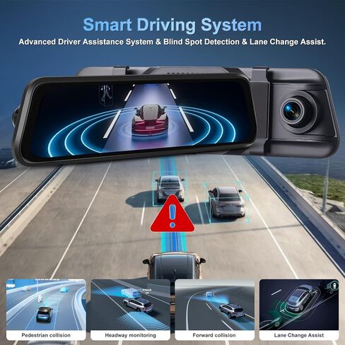 NHOPEEW 4K Dual Lens Rear View Mirror Camera - 9.66 Inch Touchscreen Mirror Dash Cam Front and Rear - APP Control/GPS/Loop Recording/G-Sensor/ADAS/BSD/Parking Monitoring + Backup Camera in Kuwait