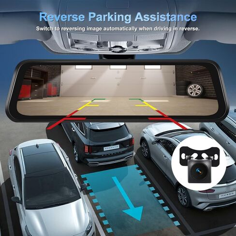 NHOPEEW 4K Dual Lens Rear View Mirror Camera - 9.66 Inch Touchscreen Mirror Dash Cam Front and Rear - APP Control/GPS/Loop Recording/G-Sensor/ADAS/BSD/Parking Monitoring + Backup Camera in Kuwait