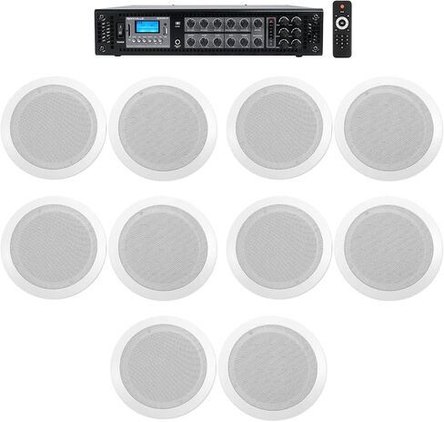 Rockville CC65T Bundle: (10) 6.5 in White Commercial 70V Ceiling Speakers for Restaurant, RCS180-6 180 Watt 6-Zone Bluetooth Commercial Amplifier, 11-Items in Kuwait