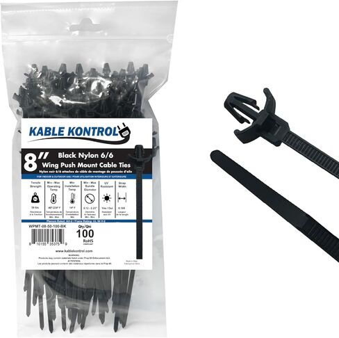 Kable Kontrol Winged Push Mount Cable Ties Nylon, 8 Inch 100 Pcs, 50 Lbs Tensile Strength, Self-Locking Zip Ties UV & Chemical Resistant Ideal for Indoor, Outdoor, and Industrial Use - Black in Kuwait