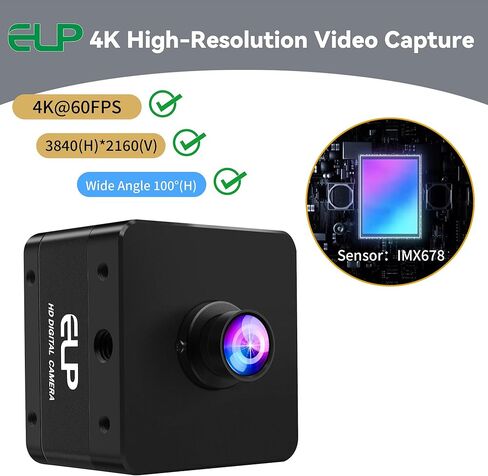 ELP High Speed 4K 60FPS USB Camera for Computer, Mini UVC 2160P USB3.0/2.0 Lightburn Cameras for Windows, Linux, Mac, Pi, Fast Frame Wide Angle 100°(H) IMX678 Webcam for PC Laptop Jetson Nano in Kuwait