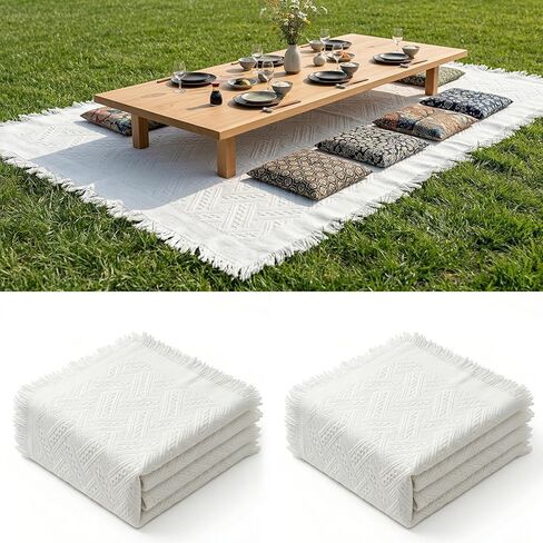 Extra Large 91 x 71 Inch White Outdoor Picnic Blanket with Tassel Fringe, Portable Boho Floor Mat for Lawn Camping Travel, Wedding Photoshoot Backdrop, Indoor Bohemia Home Decor (2 Pack) in Kuwait