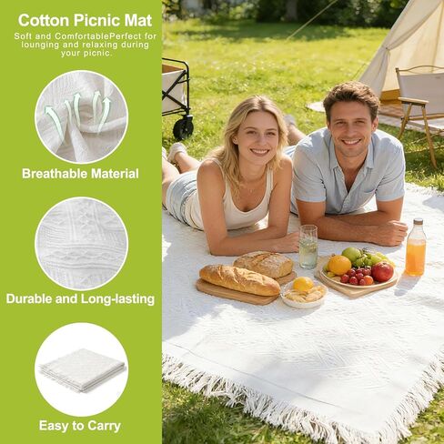 Extra Large 91 x 71 Inch White Outdoor Picnic Blanket with Tassel Fringe, Portable Boho Floor Mat for Lawn Camping Travel, Wedding Photoshoot Backdrop, Indoor Bohemia Home Decor (2 Pack) in Kuwait