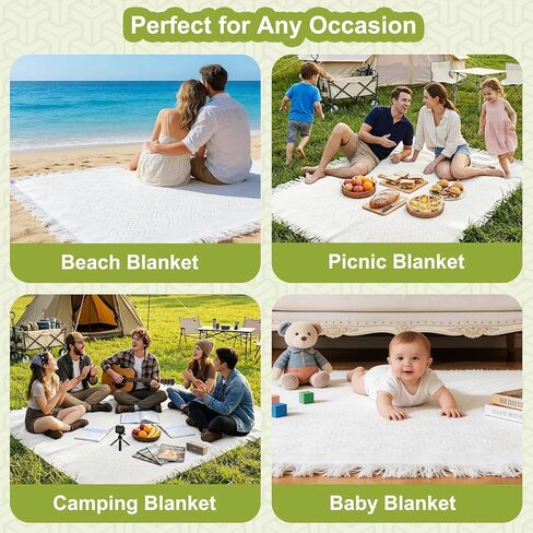 Extra Large 91 x 71 Inch White Outdoor Picnic Blanket with Tassel Fringe, Portable Boho Floor Mat for Lawn Camping Travel, Wedding Photoshoot Backdrop, Indoor Bohemia Home Decor (2 Pack) in Kuwait
