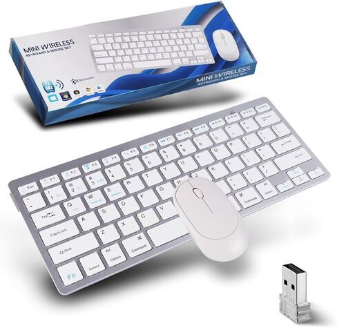 Mini Wireless Keyboard and Mouse Set,(Bluetooth5.2+2.4G)Dual-Mode USB Cordless Keyboard and Silent Mouse Combo, Multimedia Shortcuts for Mac,Computer,PC,Laptop,Battery-powered,QWERTY US Layout,Silver in Kuwait